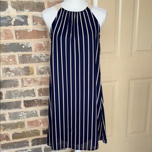 Ya Los Angeles Elegant Navy and Tan Striped Halter Dress Sz S